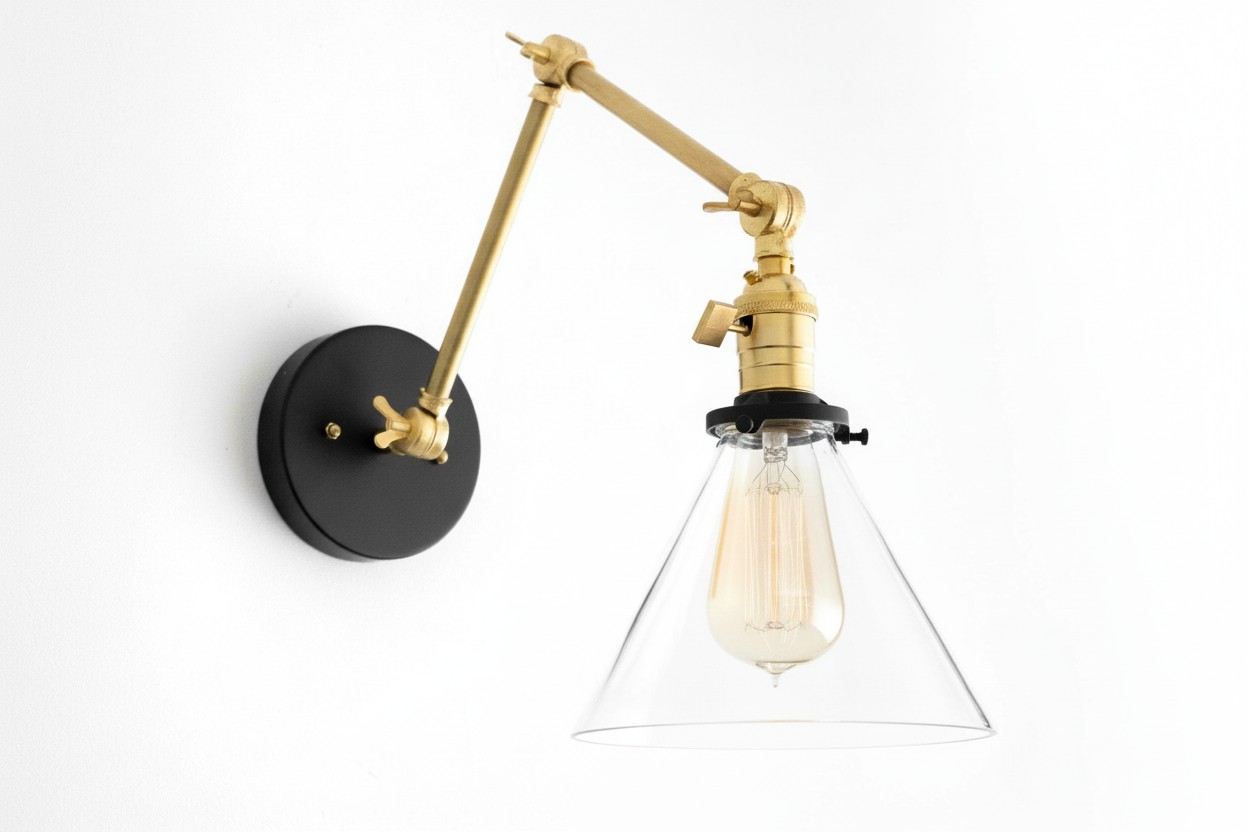 Conique Metal Industrial Wall Sconce with Adjustable Arm - Vintage Glass Cone Shade K1469