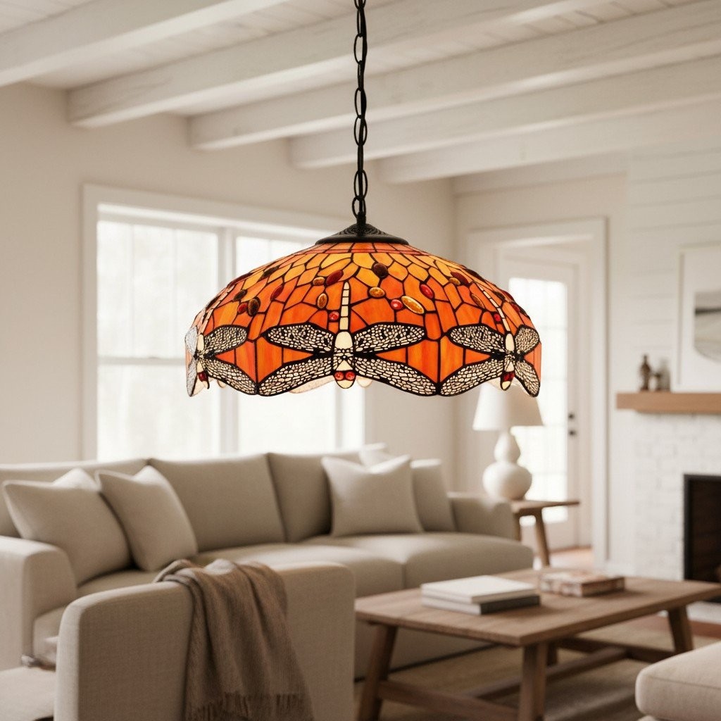 TF Dragonfly Tiffany Pendant Light - Art Nouveau Stained Glass Pendant for Living K1816