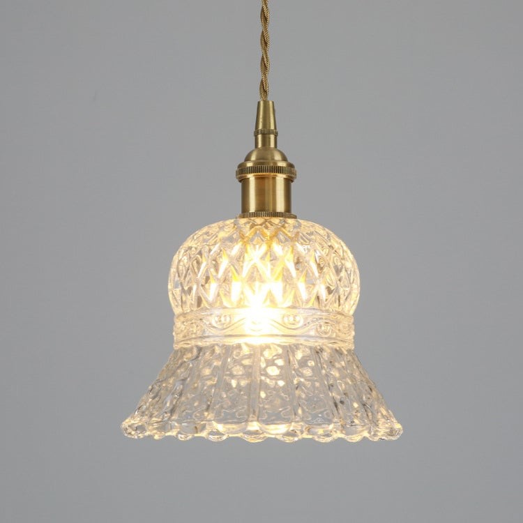 Traditional Japanese Brass Walnut Glass Ceramic Cylinder Conic Flower Bowl 1-Light Pendant Light For Dining Room K1280