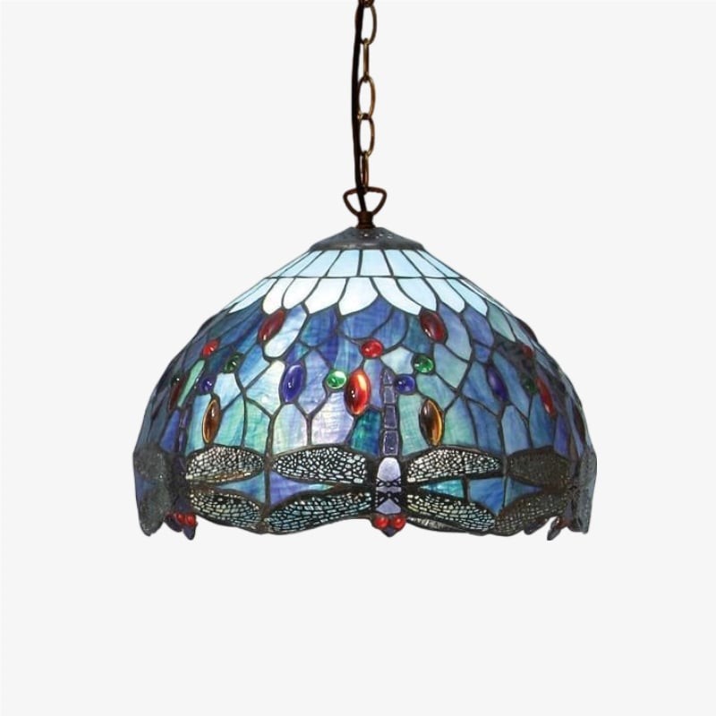 TF Dragonfly Tiffany Pendant Light - Art Nouveau Stained Glass Pendant for Living K1816