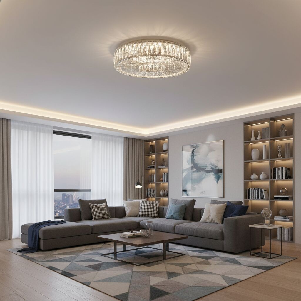 Glomar Glass Round Flush Ceiling Light - Modern Metal Glass Finish Living Areas K2119