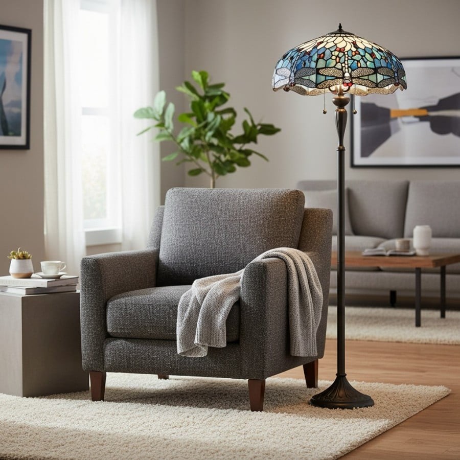 TiffStar Art Glass Floor Lamp with Ornamental Pattern Shade - Standing Light for Living Rooms K1911