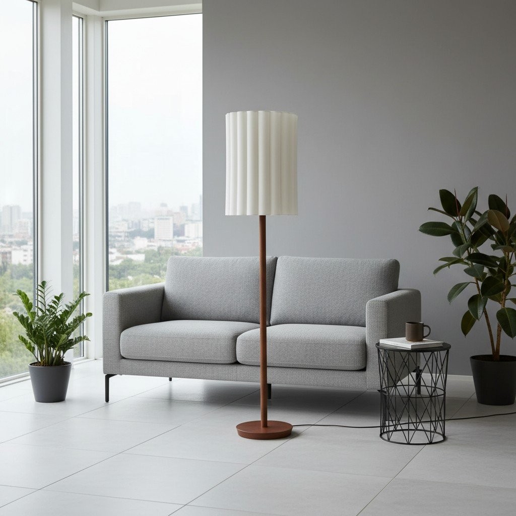 Linbron Wood Floor Lamp with Fluted Linen Shade - Scandinavian Modern Floor Light for Living Area K1683