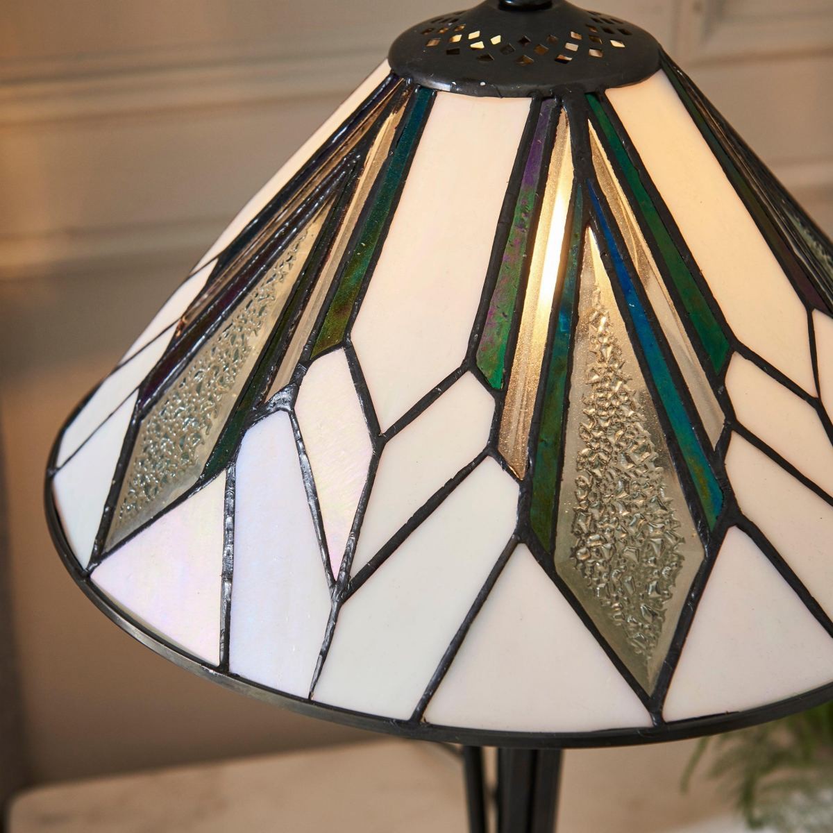 TF Astoria Art Deco Stained-Glass Table Lamp - Bevelled & Iridescent Shade for Bedroom or Living Room K1819