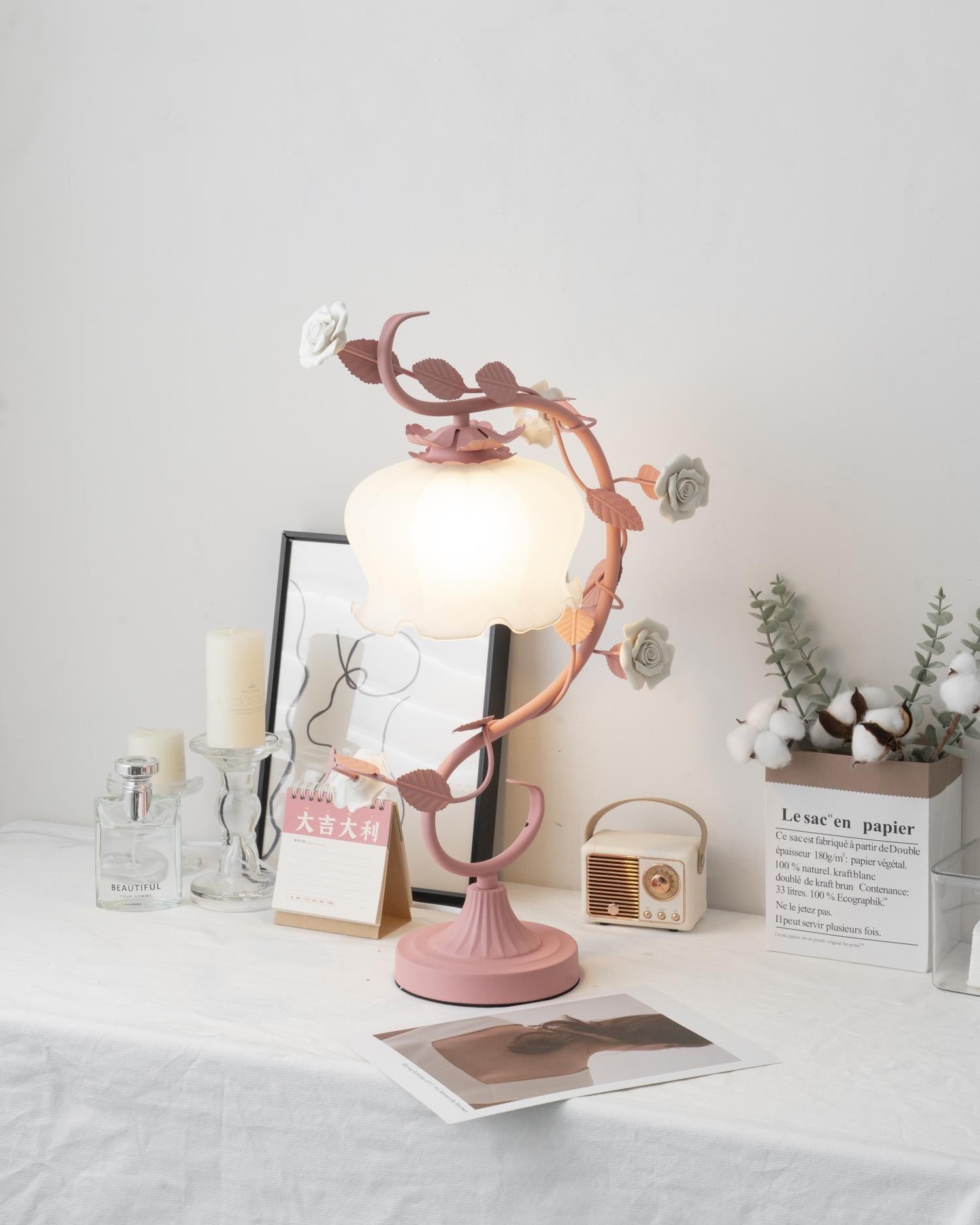 Green Pink White Rose Flower Table Lamp K640