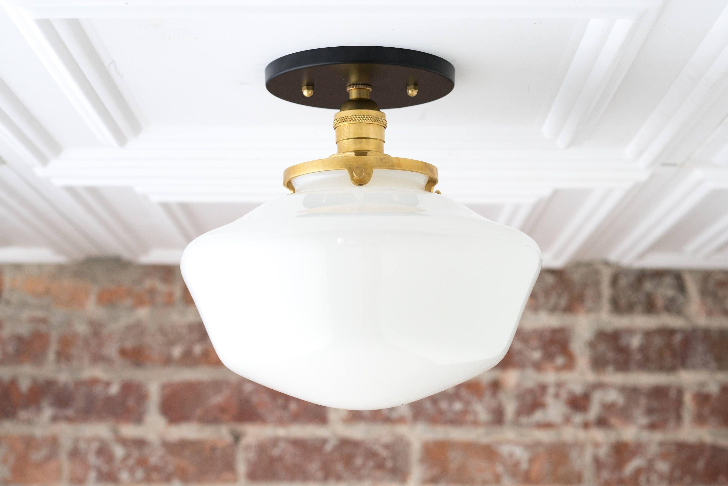 Geotower Glass Brass Ceiling Light - Opal Glass Schoolhouse Shade - Modern Elegance K1529