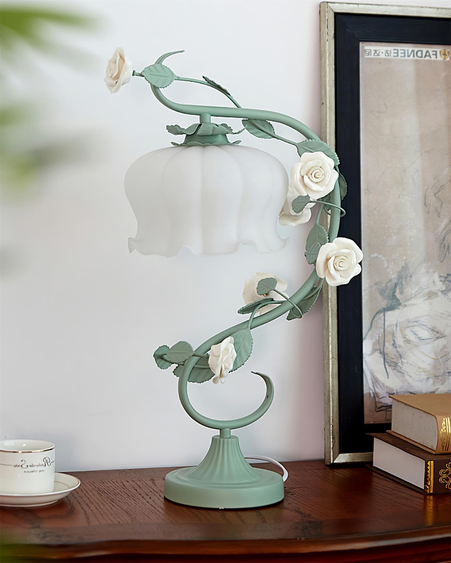Green Pink White Rose Flower Table Lamp K640