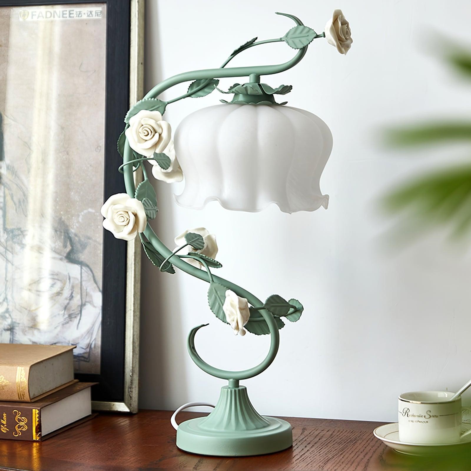 Green Pink White Rose Flower Table Lamp K640