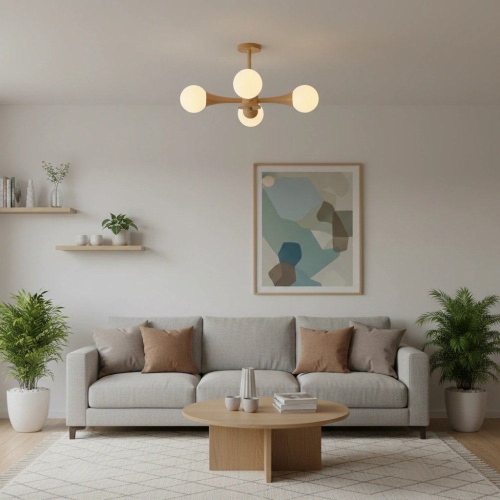 Novalune Multi-Light Glass Globe Chandelier with Wood Frame - Japanese Zen Style for Living Room K2325