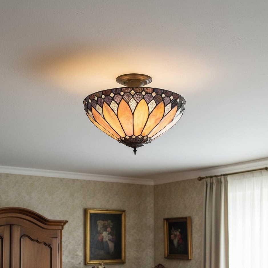 TF Brooklyn Tiffany Semi-flush Ceiling Light - Geometric Glass Shade for Hallways or Living Rooms K2016