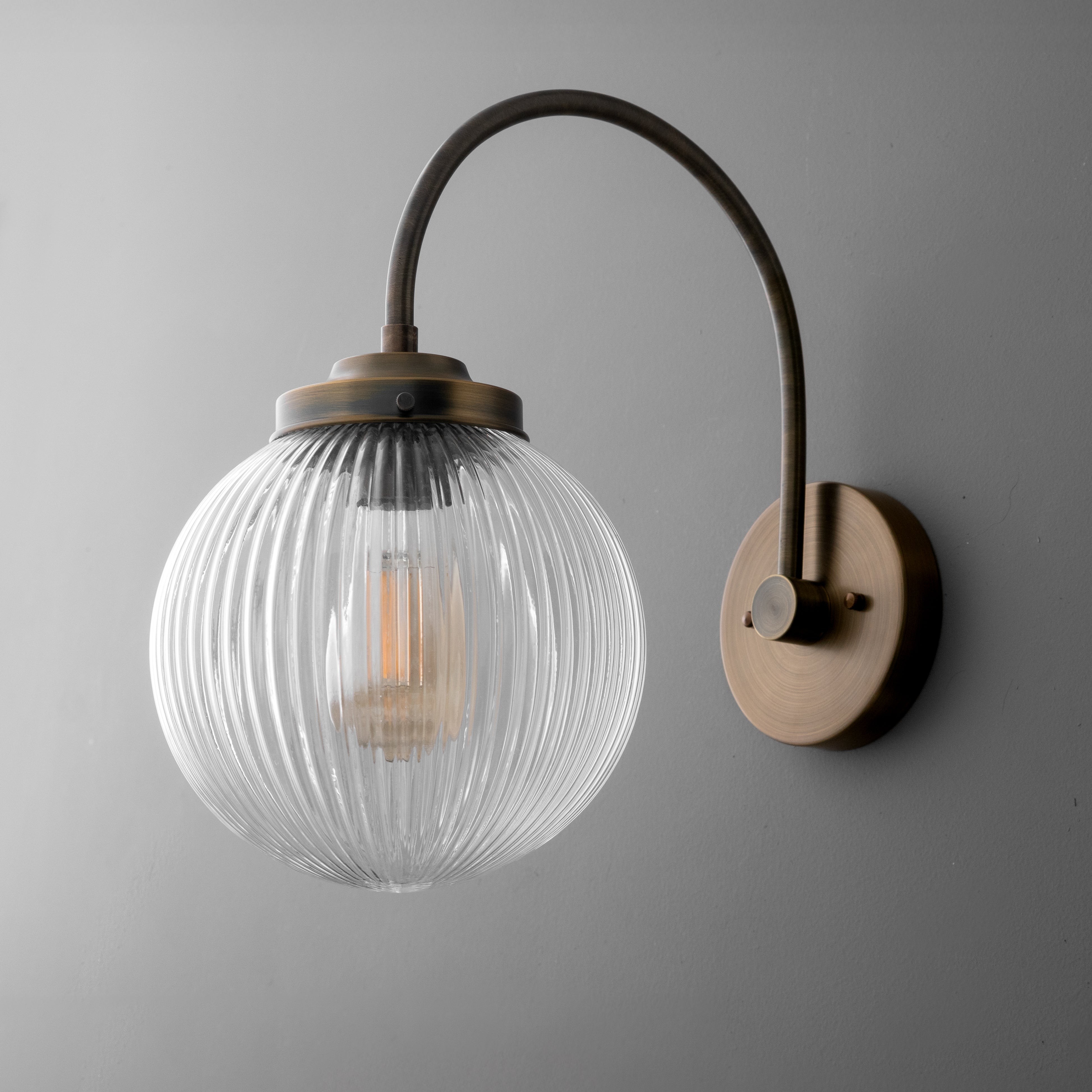 Glorica Glass Aged Brass Wall Sconce - Ribbed Glass Shade Industrial Style Lighting K1539