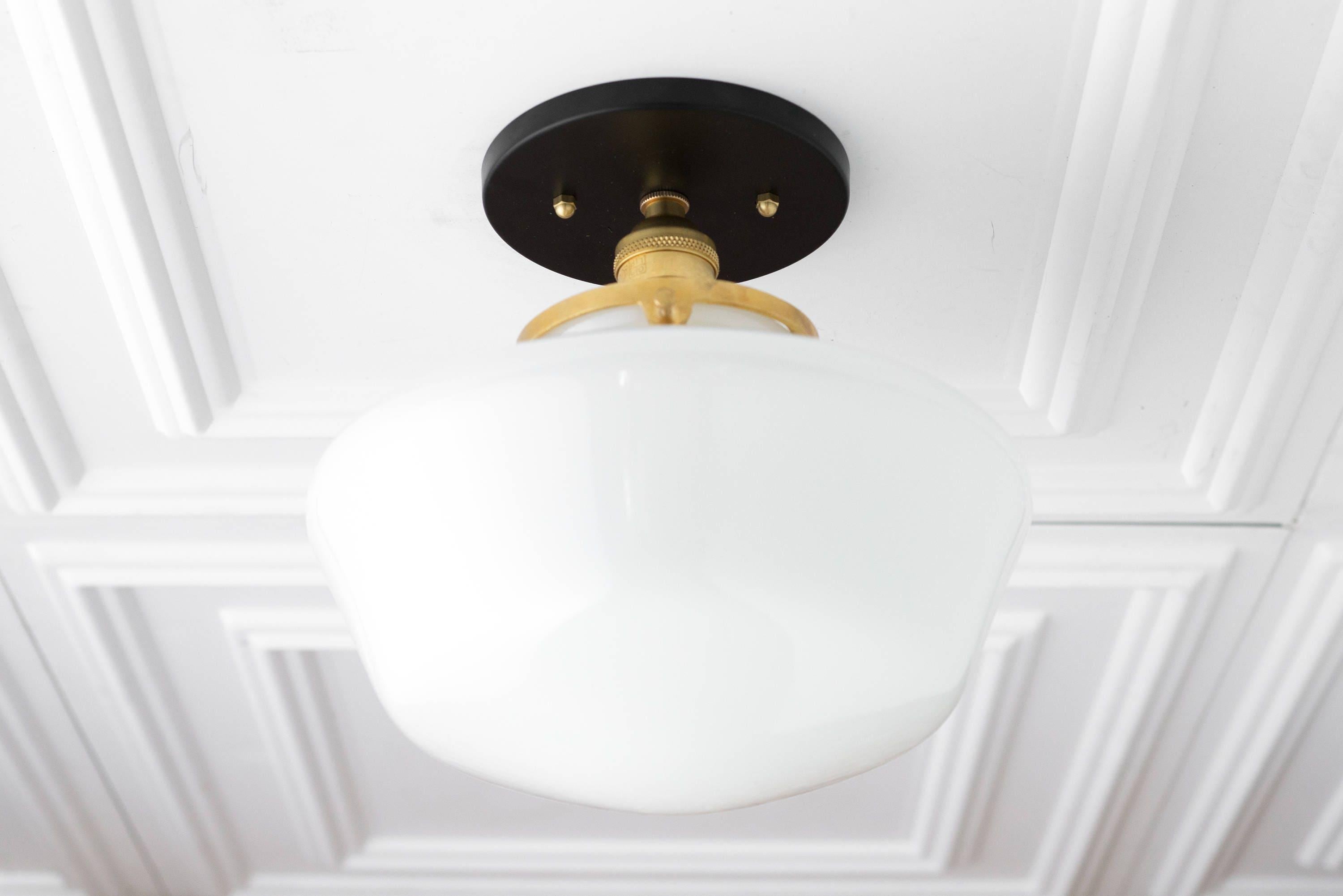 Geotower Glass Brass Ceiling Light - Opal Glass Schoolhouse Shade - Modern Elegance K1529
