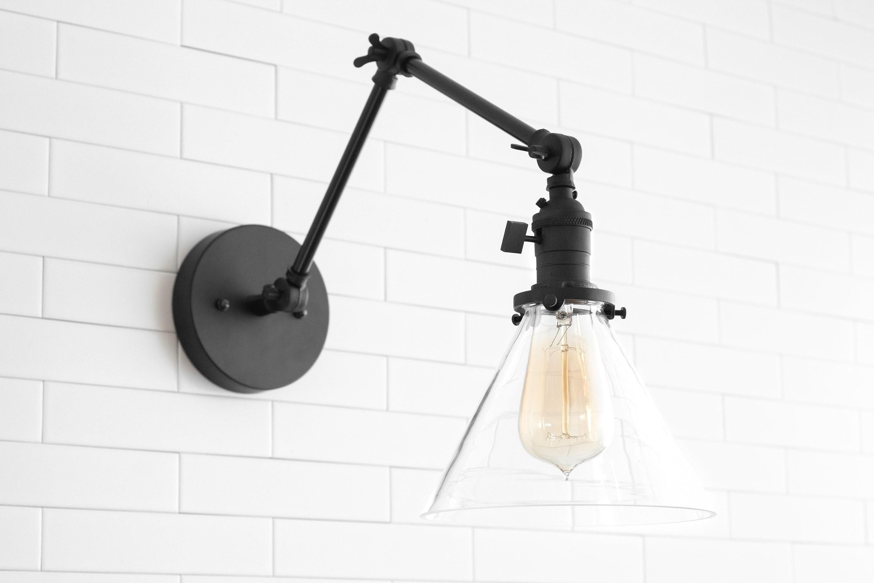 Conique Metal Industrial Wall Sconce with Adjustable Arm - Vintage Glass Cone Shade K1469