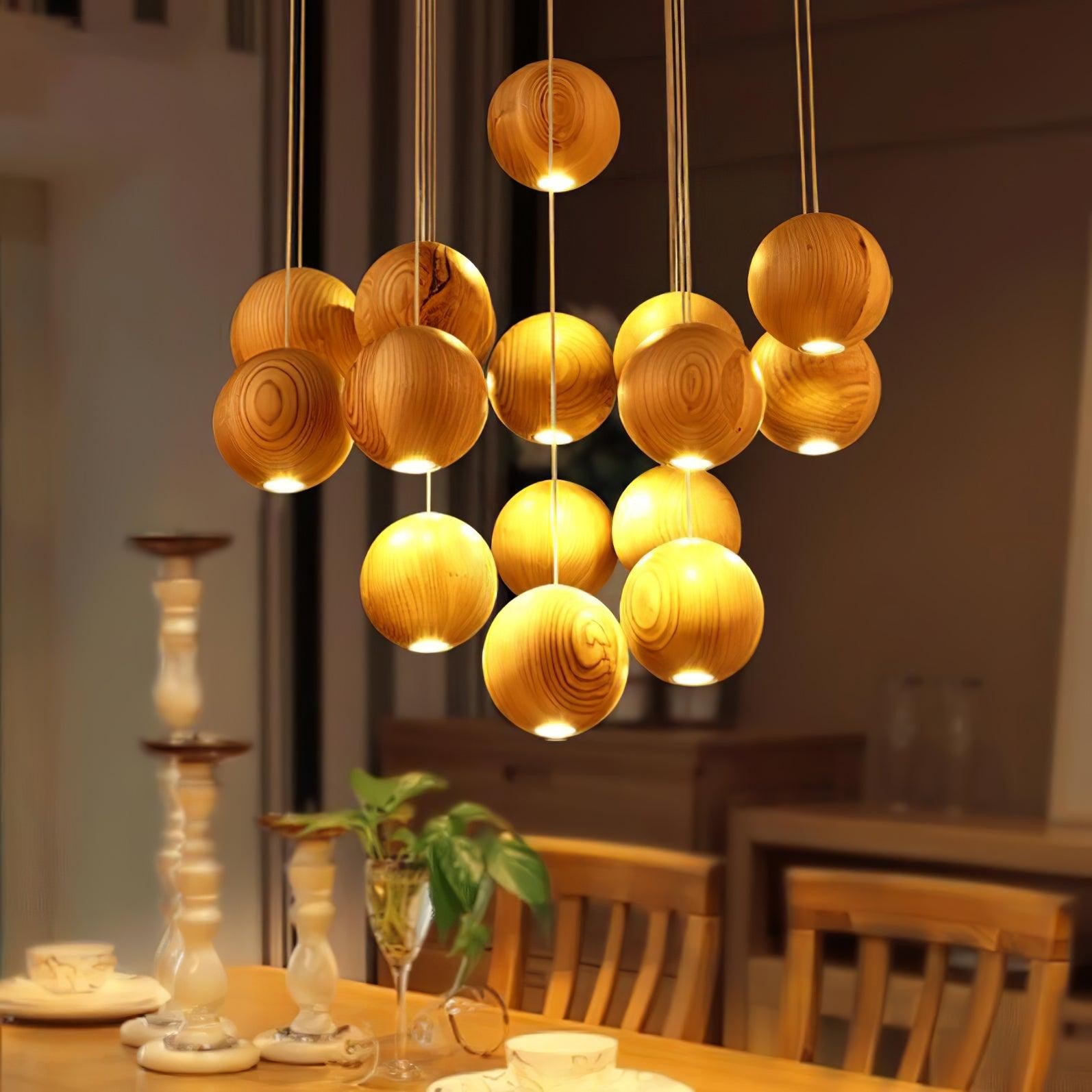 Wooden Orb Sphere Cluster Pendant Light K886