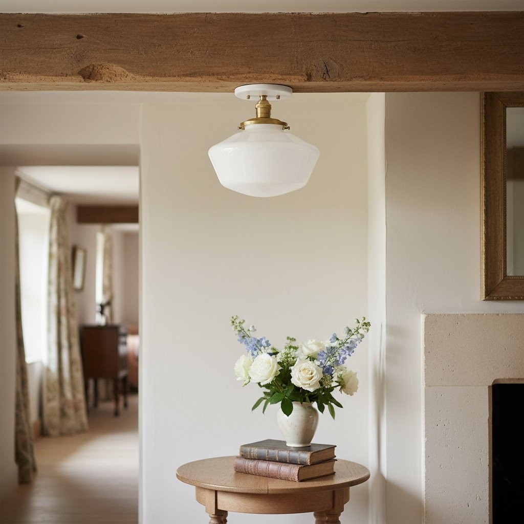Geotower Glass Brass Ceiling Light - Opal Glass Schoolhouse Shade - Modern Elegance K1529