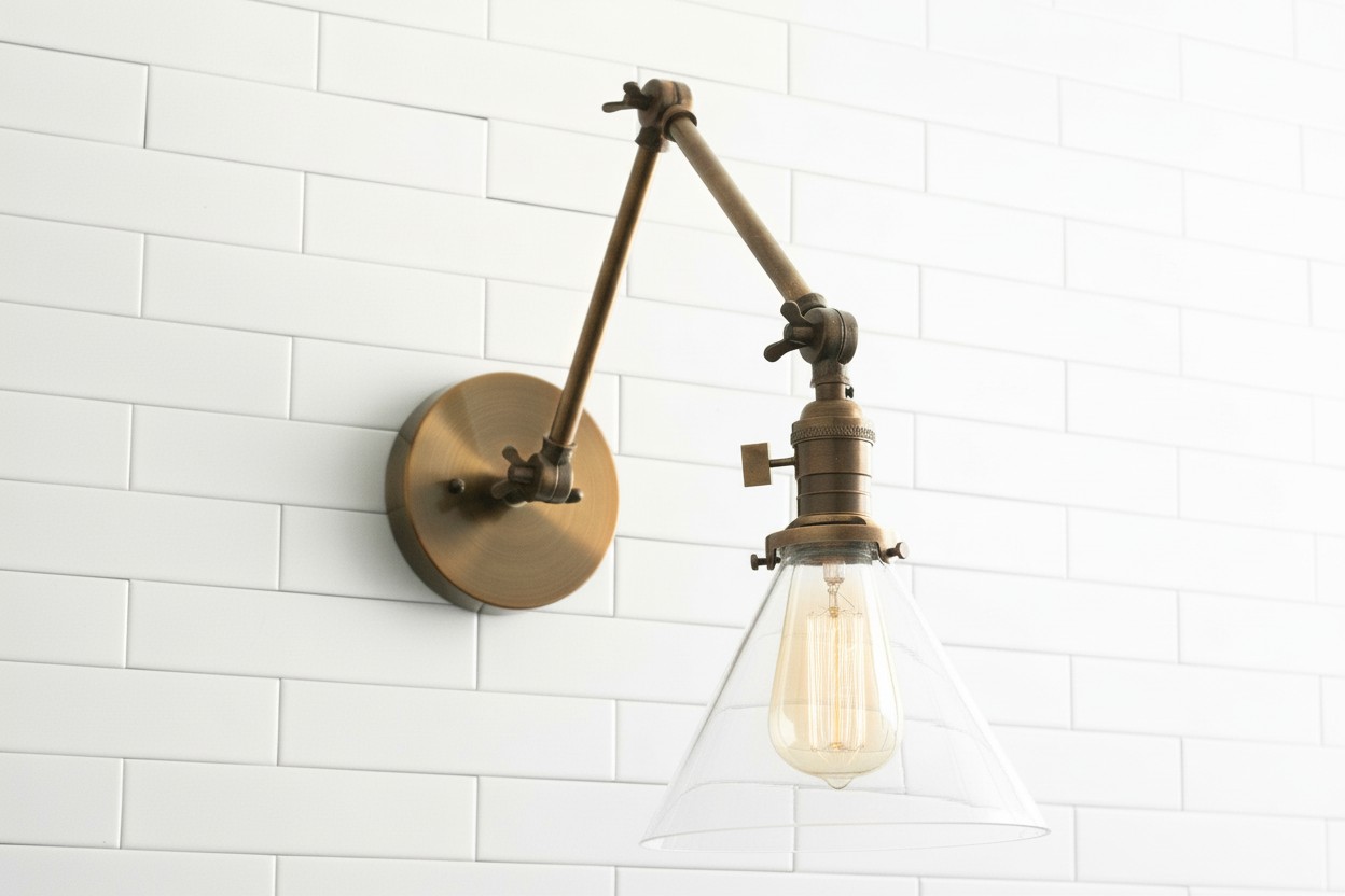 Conique Metal Industrial Wall Sconce with Adjustable Arm - Vintage Glass Cone Shade K1469