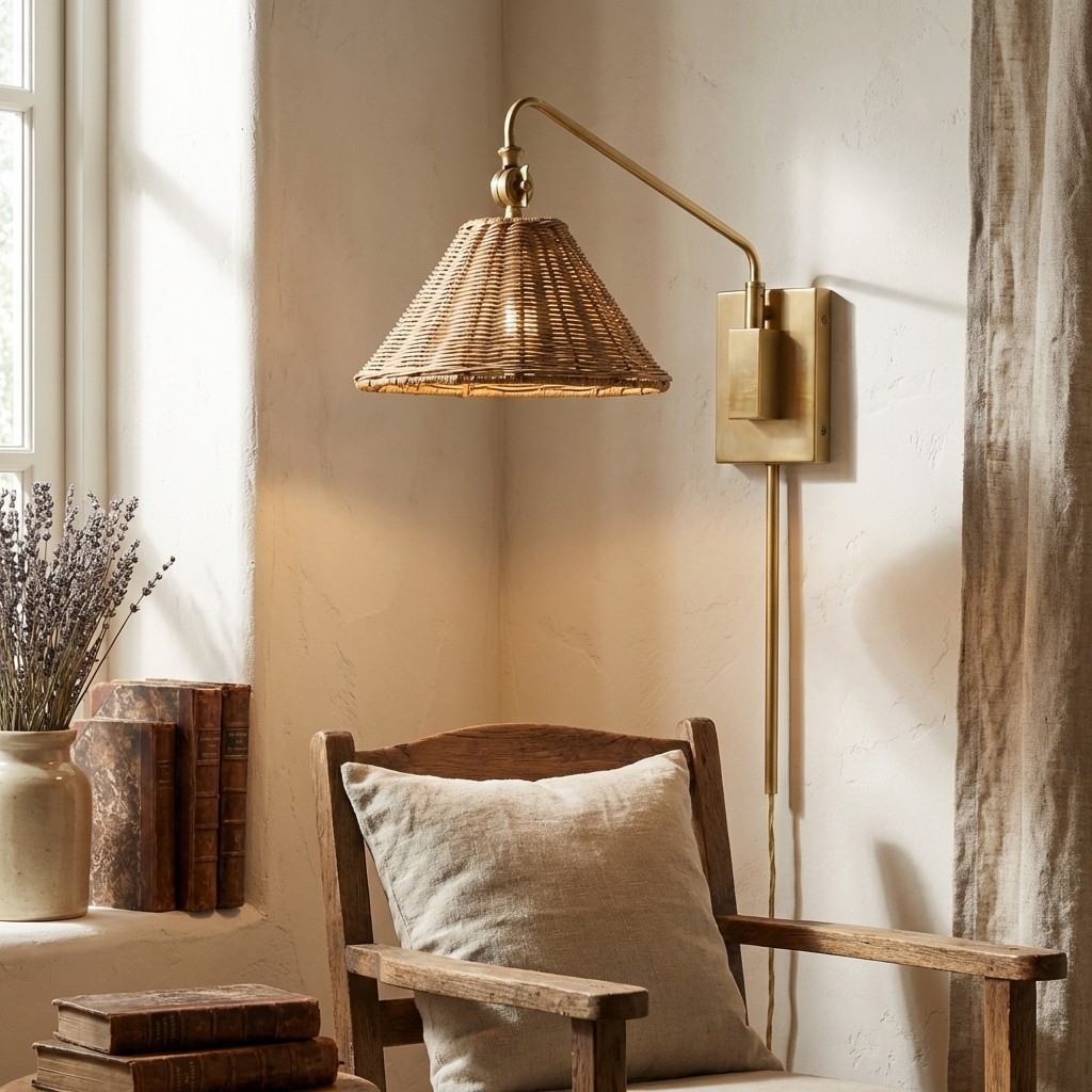 Welanery Swing Arm Rattan Wall Sconce - Farmhouse Style Lamp for Bedside Reading K2384