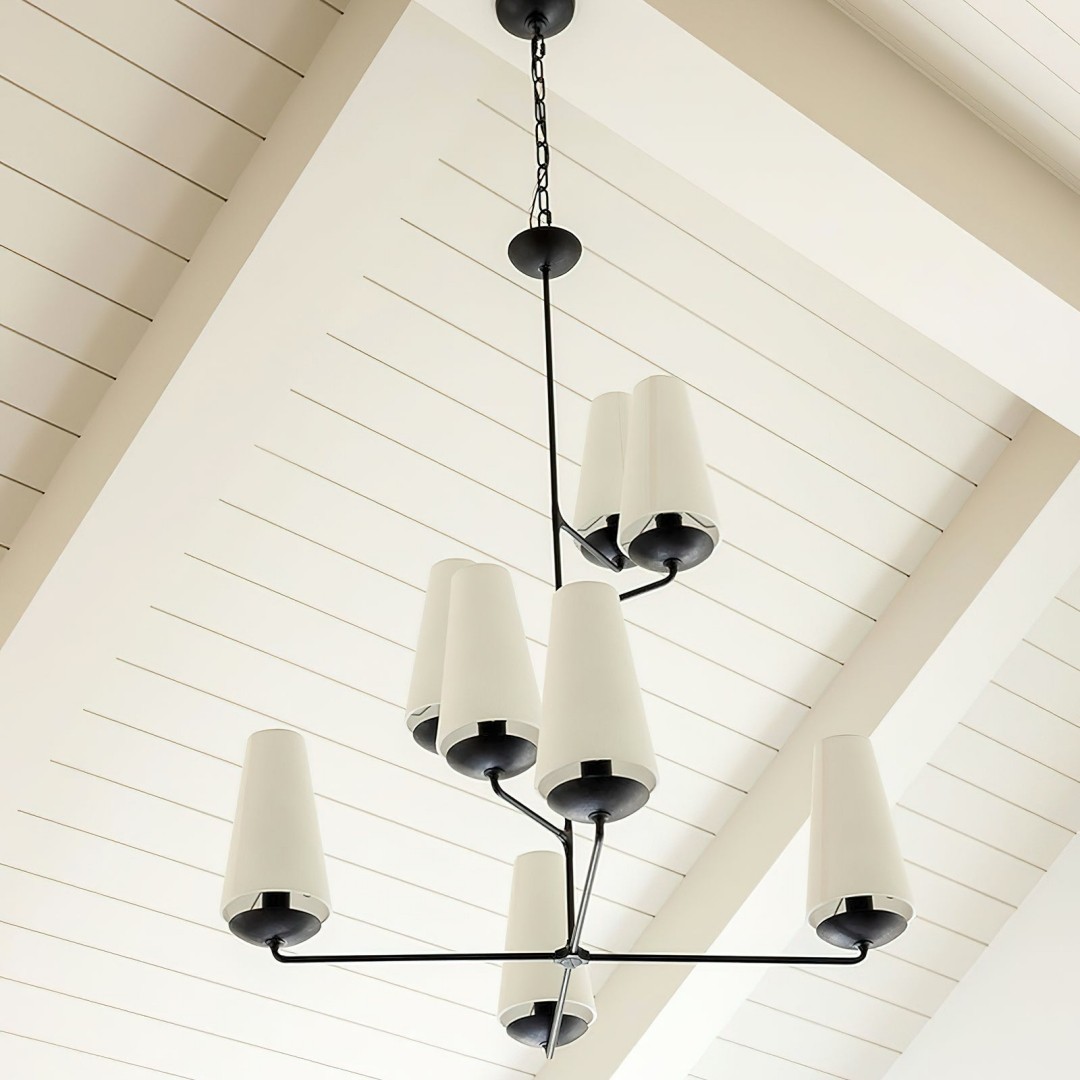 VertiFount Vertical Cascading Chandelier - Multi-Level Linen Shades For Stairwells & Vaulted Ceilings K1199