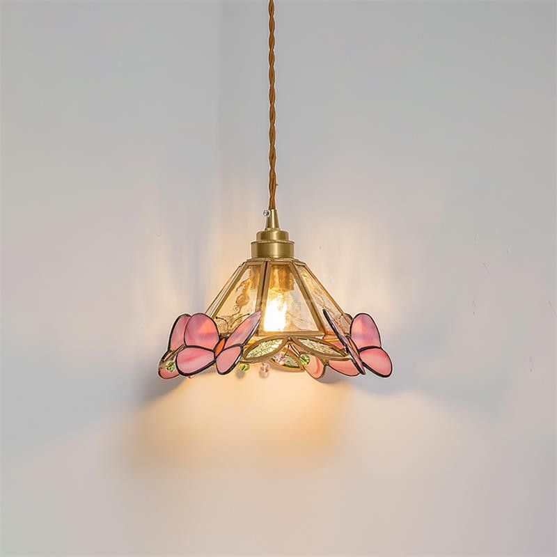 French Retro Glass Pink Butterfly Pendant Lamp K595