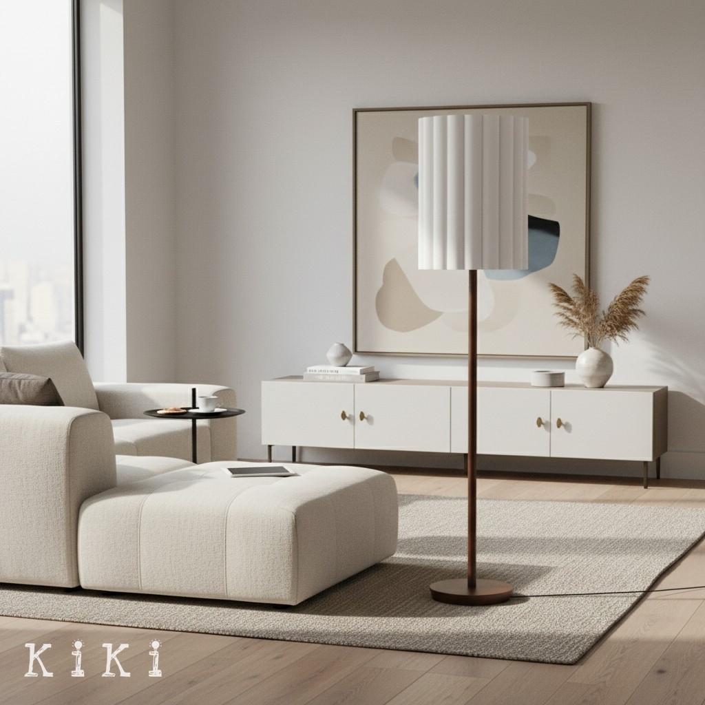 Linbron Wood Floor Lamp with Fluted Linen Shade - Scandinavian Modern Floor Light for Living Area K1683