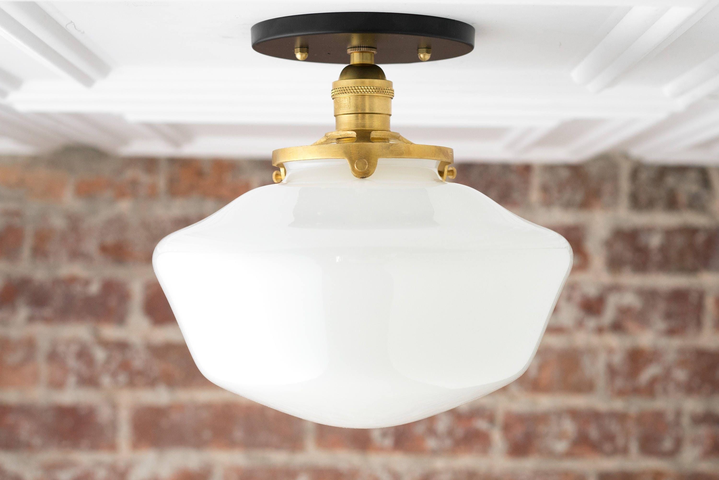 Geotower Glass Brass Ceiling Light - Opal Glass Schoolhouse Shade - Modern Elegance K1529