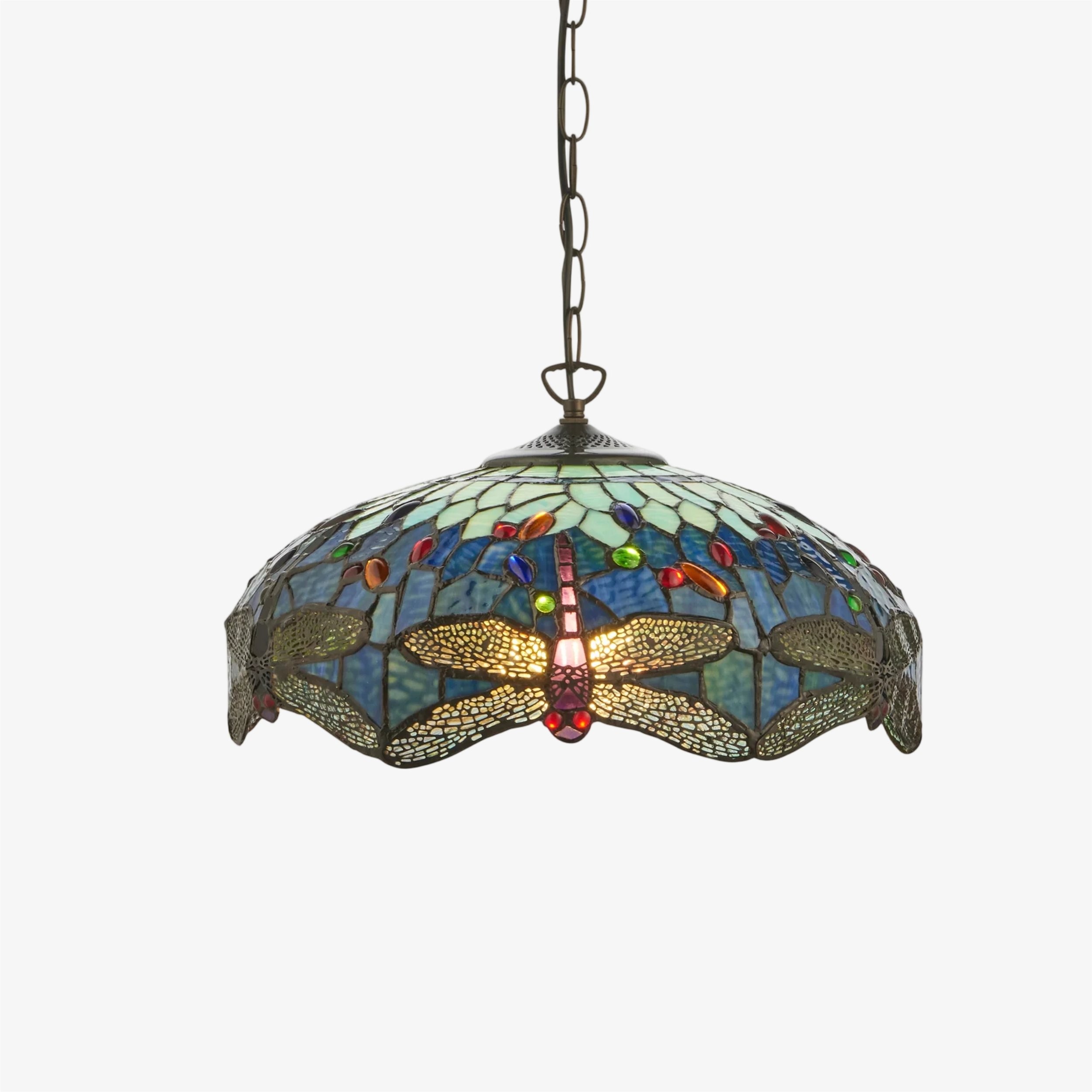 TF Dragonfly Tiffany Pendant Light - Art Nouveau Stained Glass Pendant for Living K1816