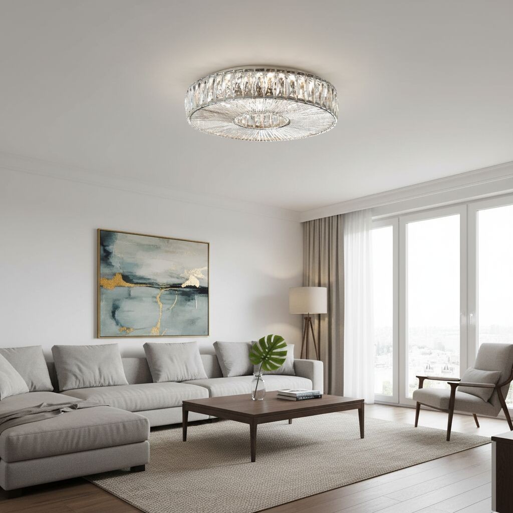 Glomar Glass Round Flush Ceiling Light - Modern Metal Glass Finish Living Areas K2119