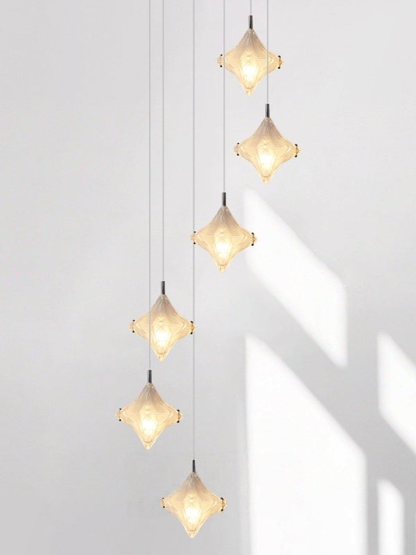 Art Deco Star Staircase Pendant Light - Frosted Glass Hanging Fixture - Astris Altair K1563