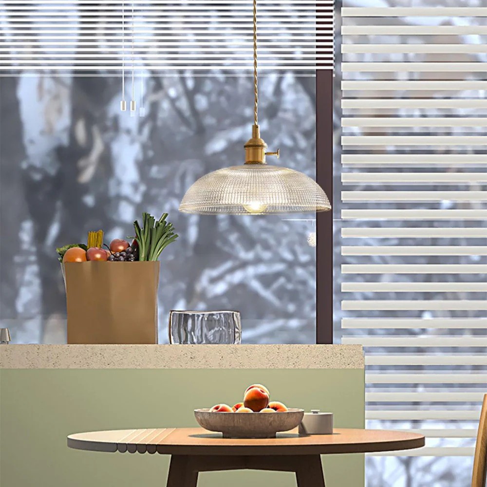 Retro Bowl Ribbed Brass Glass Pendant Light K94