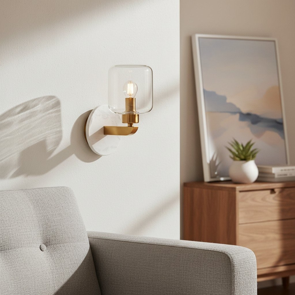 Korlisse Modern Marble Wall Light - Vintage Brass & Clear Glass Accent for Living Room and Hallway K1918