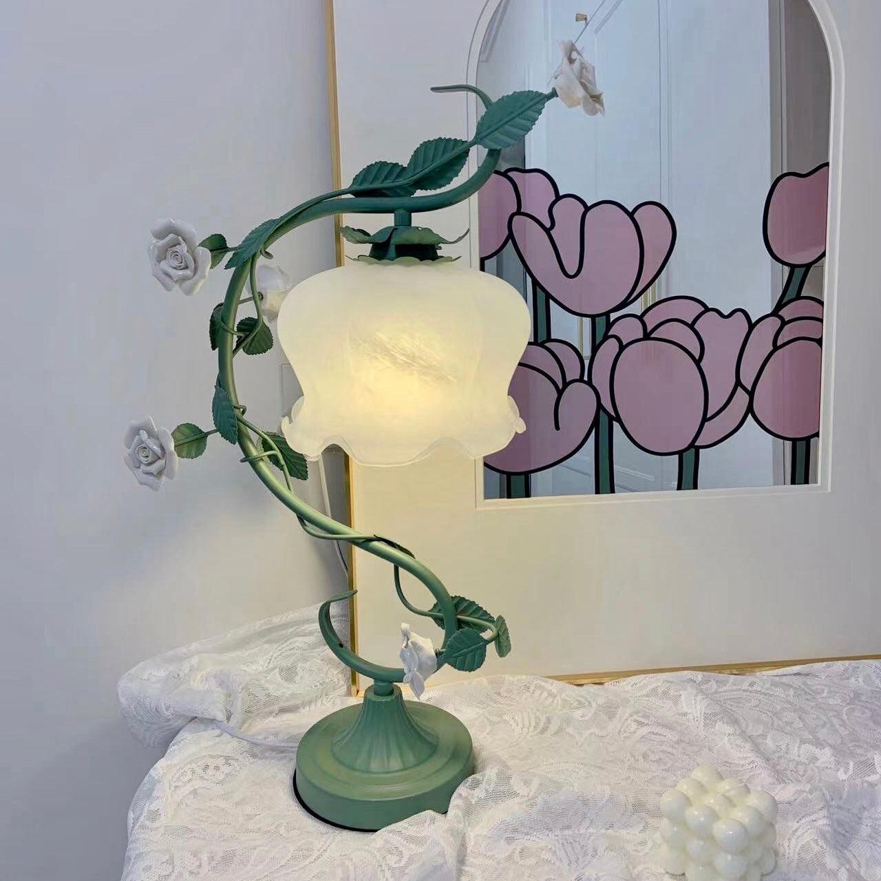 Green Pink White Rose Flower Table Lamp K640