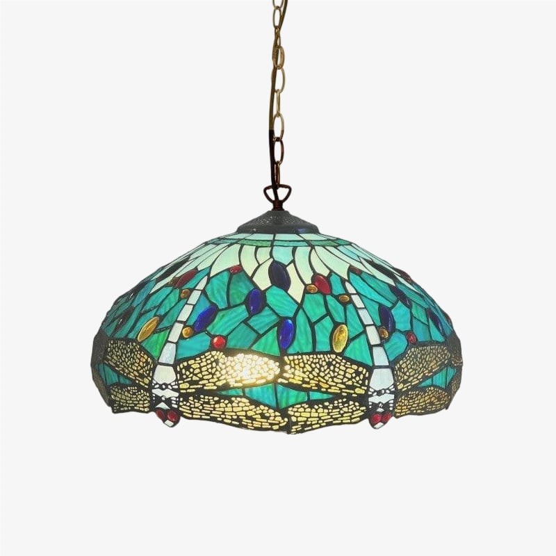 TF Dragonfly Tiffany Pendant Light - Art Nouveau Stained Glass Pendant for Living K1816