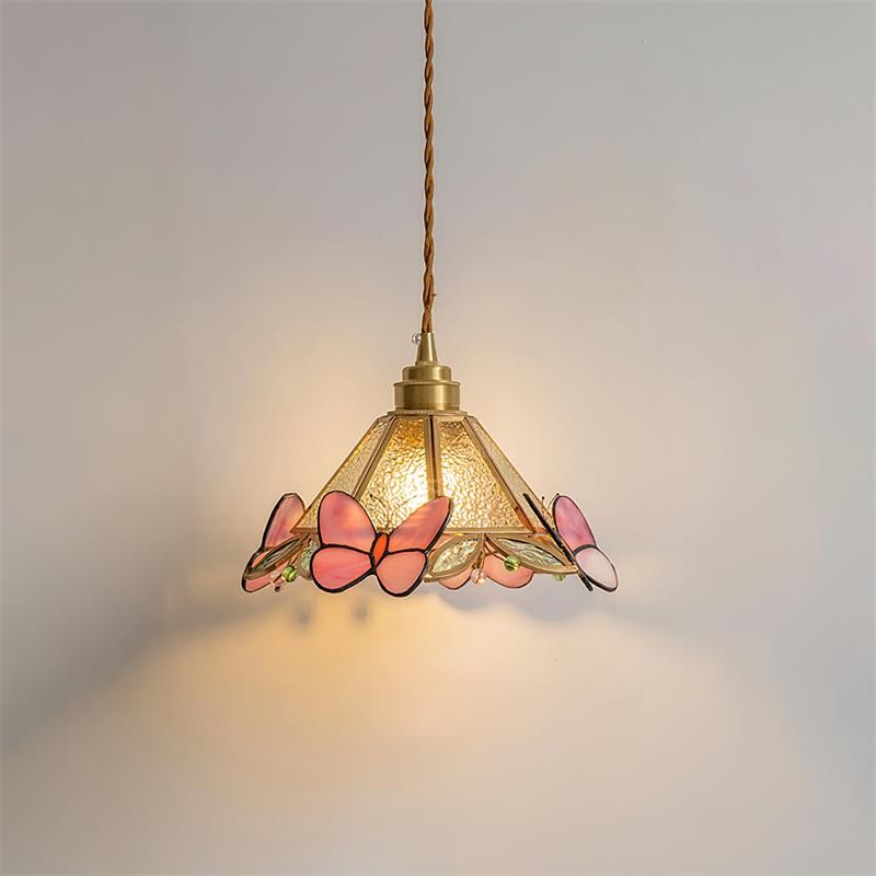 French Retro Glass Pink Butterfly Pendant Lamp K595
