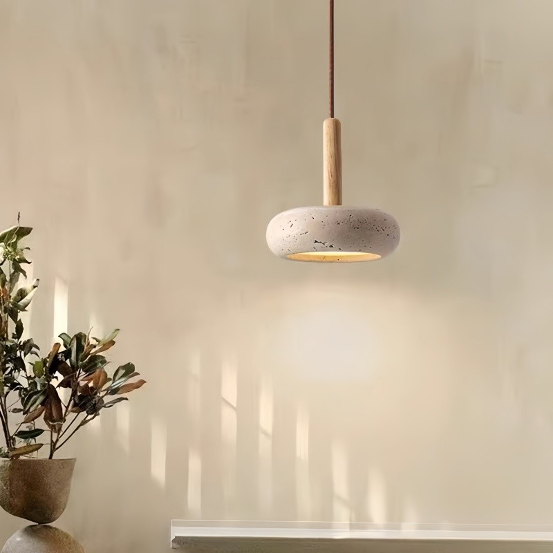 Traditional Japanese Round Wood Travertine Pendant Light K882