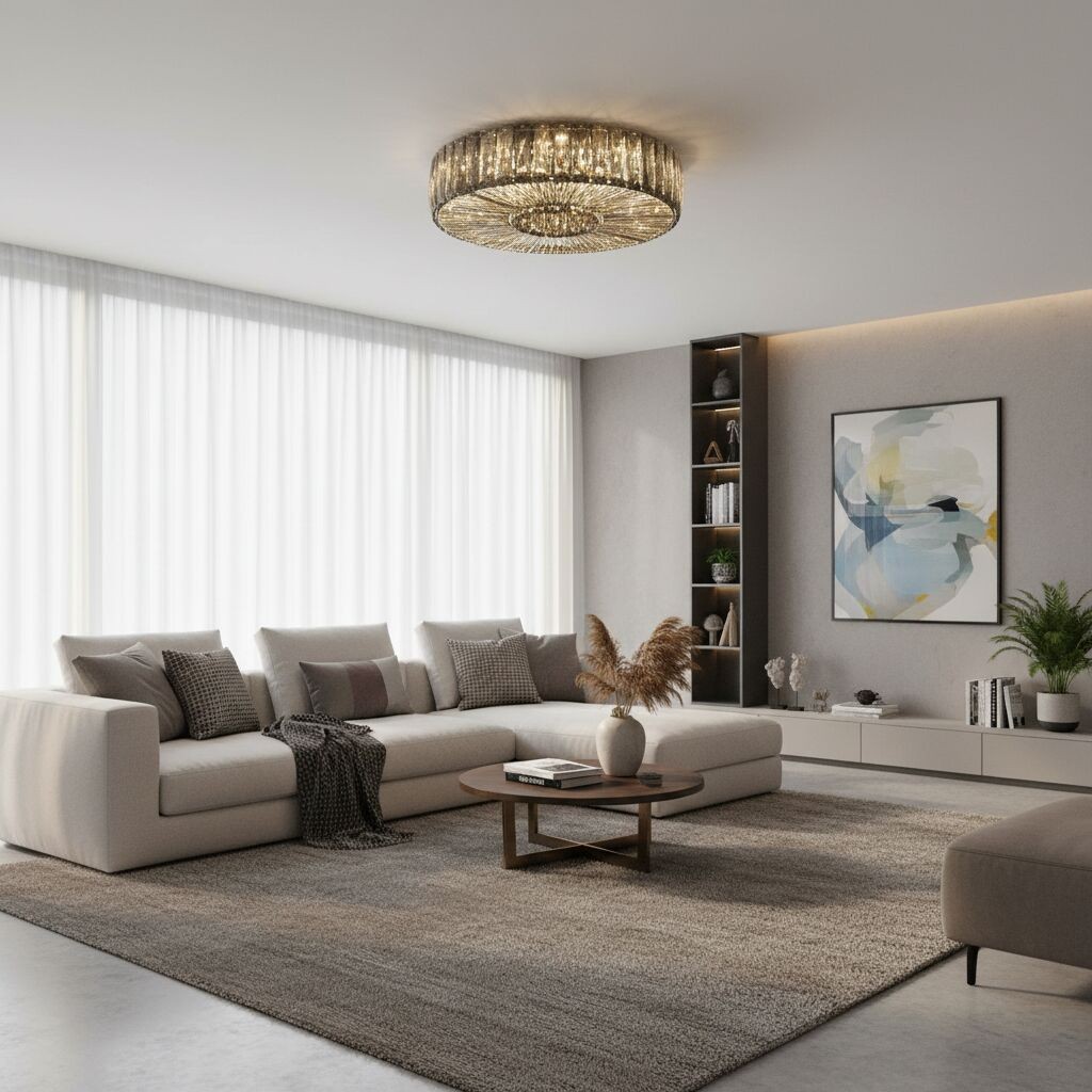 Glomar Glass Round Flush Ceiling Light - Modern Metal Glass Finish Living Areas K2119
