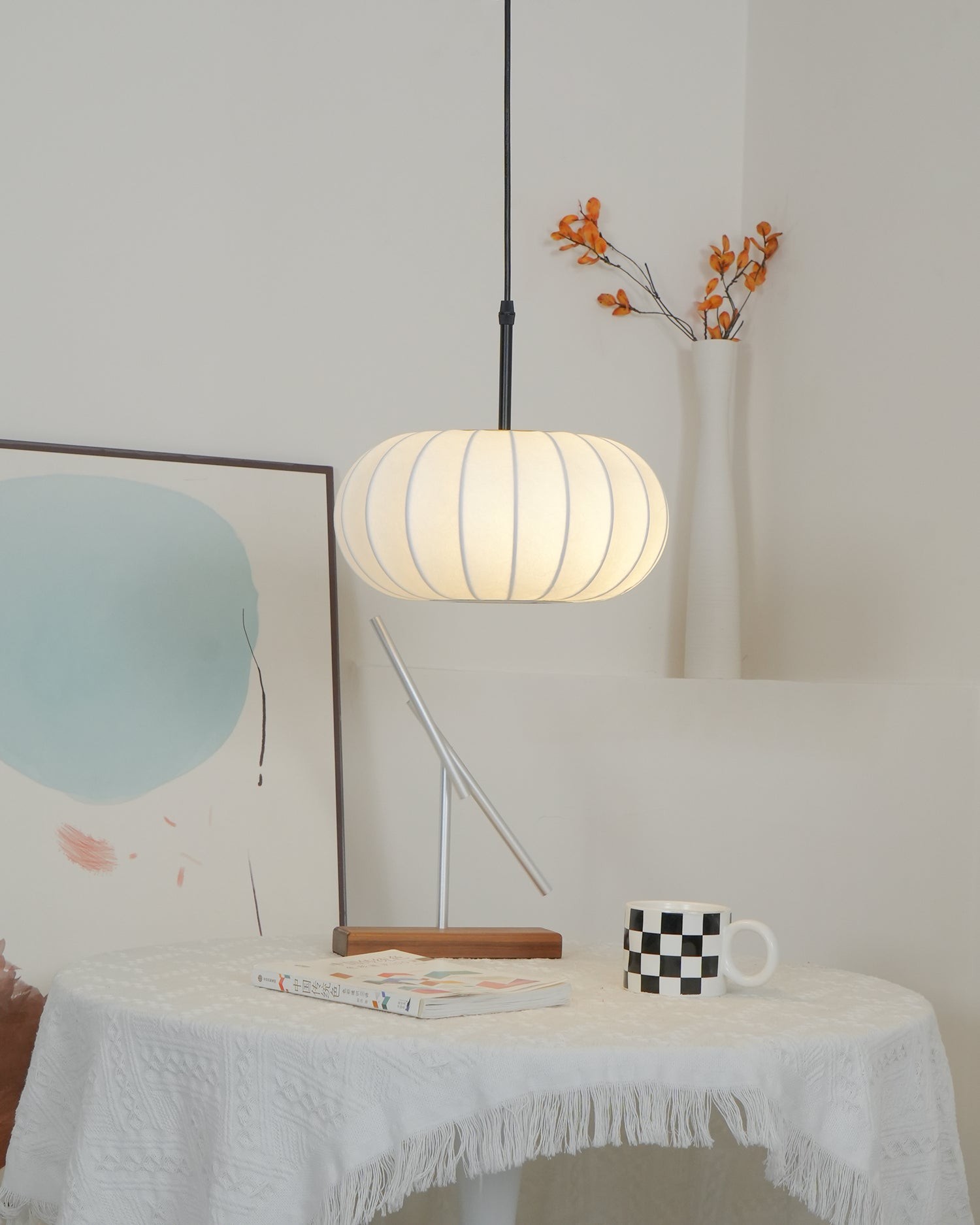 Simple Wabi-sabi White Lantern Fabric Pendant Lamp K744