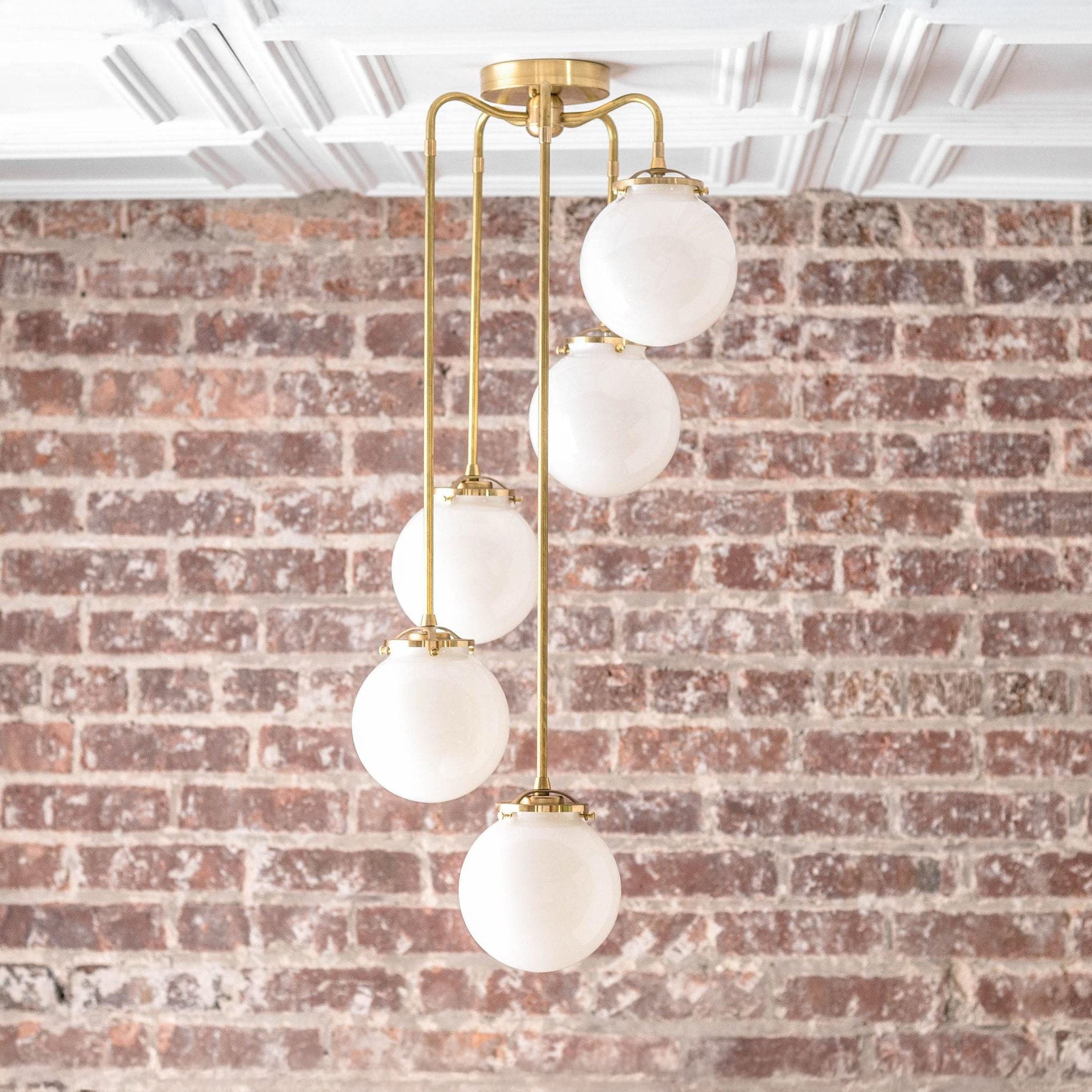 Glorica Glass 5 Globe Chandelier - Brass and Opal Glass Vintage Pendant Light K1455