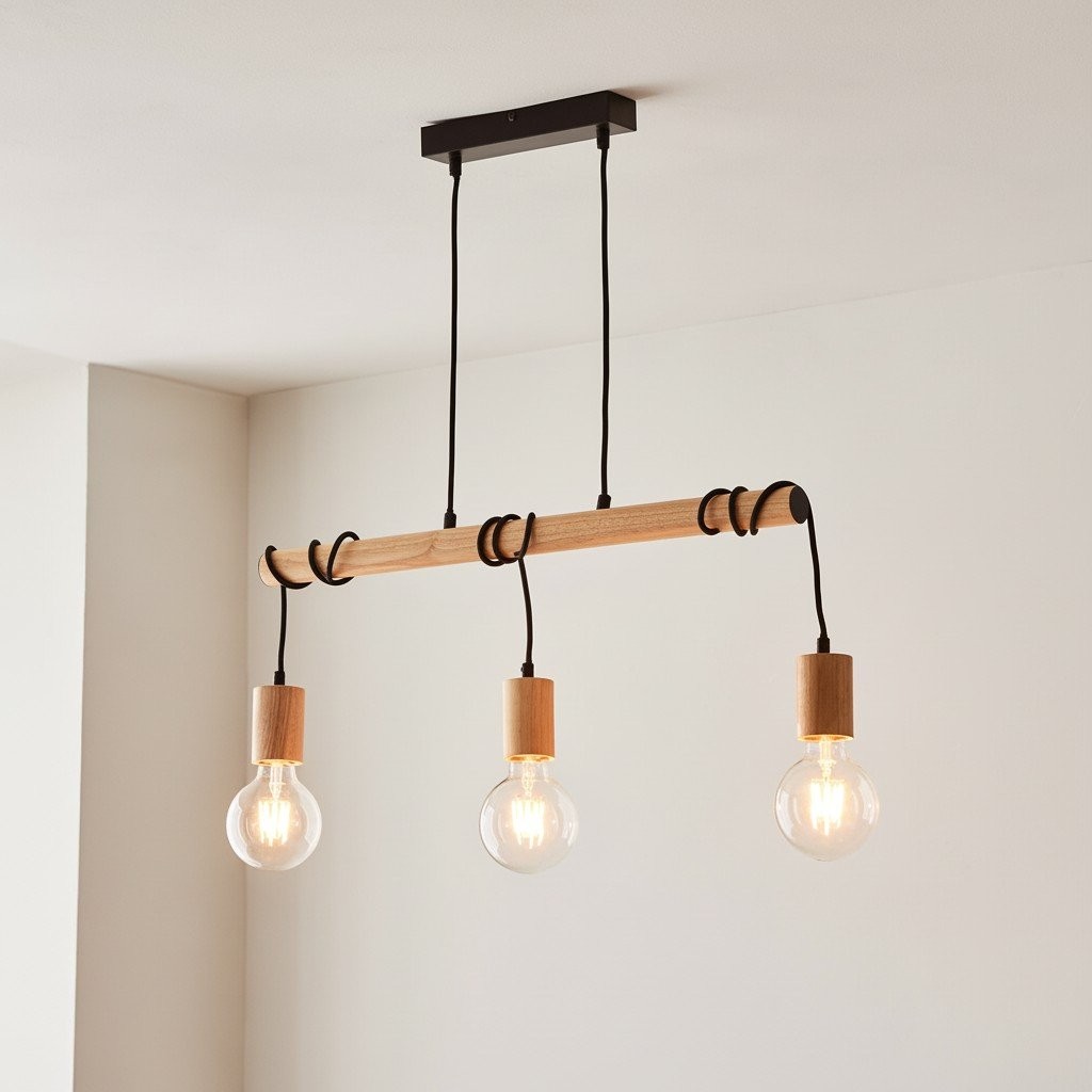 Virell Adjustable Linear Pendant Light - 3‑Bulb Wooden and Metal Design K1837
