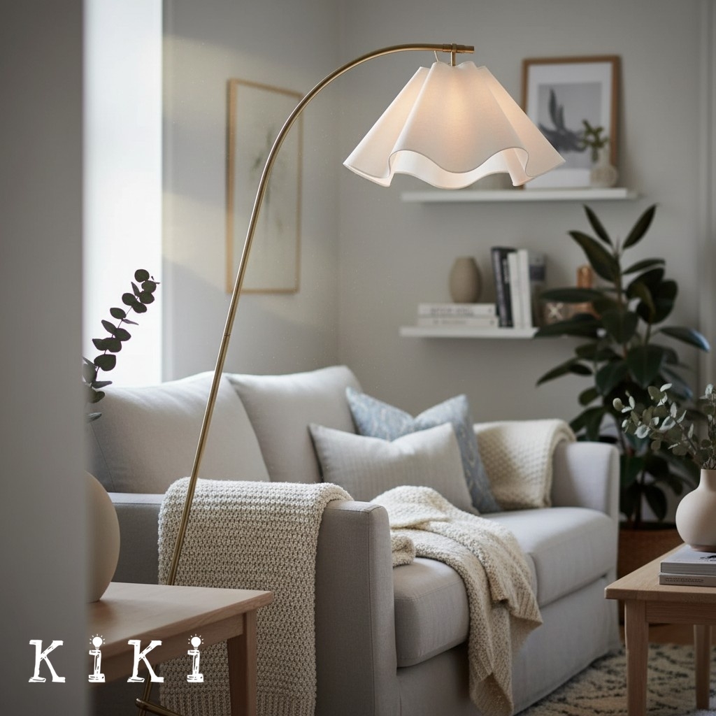 Oslan Sculptural Linen Shade Floor Lamp - Curved Metal Frame Floor Light for Living Room K1147
