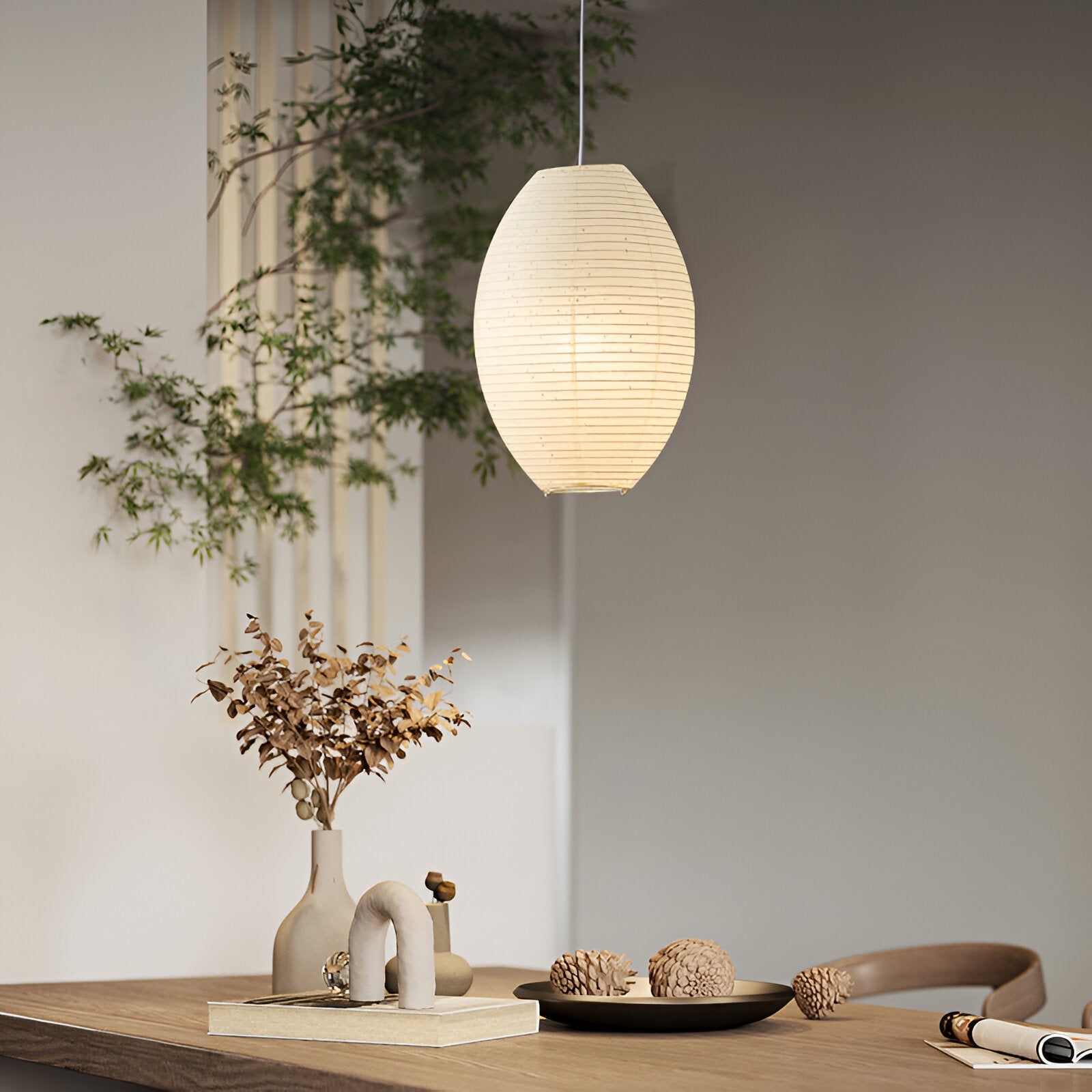 Traditional Japandi Wabi-Sabi Elliptical Paper Pendant Light D942