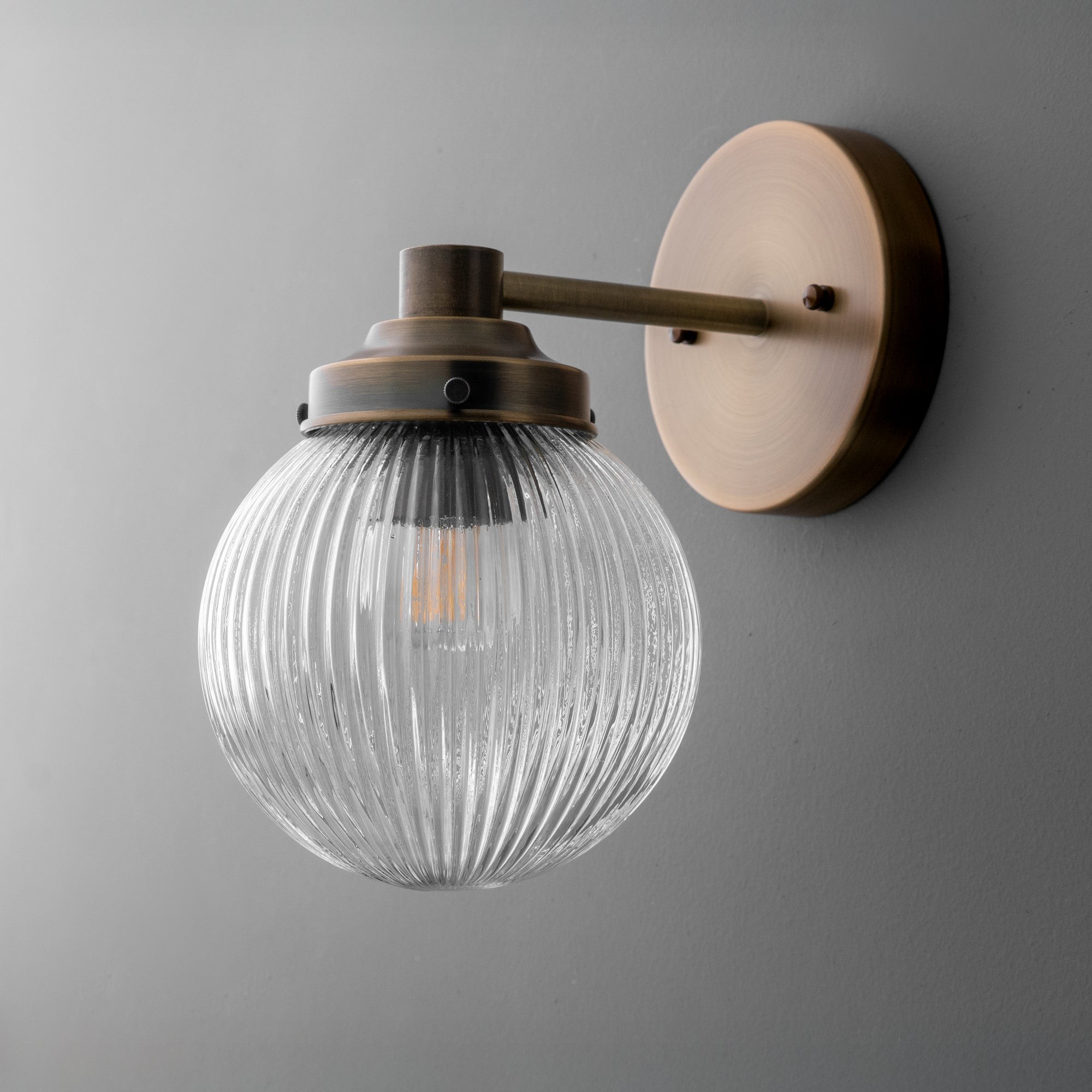 Glorica Glass Aged Brass Wall Sconce - Ribbed Glass Shade Industrial Style Lighting K1539