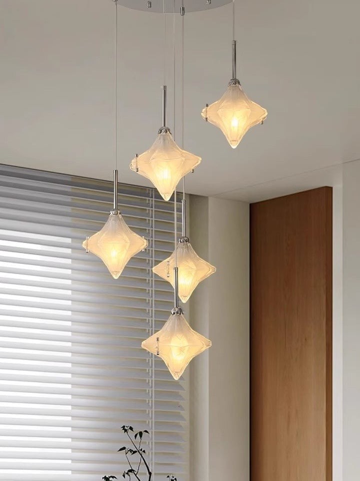 Art Deco Star Staircase Pendant Light - Frosted Glass Hanging Fixture - Astris Altair K1563