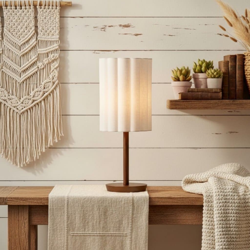Linbron Table Lamp - Modern Fabric Shade with Wood Base for Bedroom and Living Room K1678