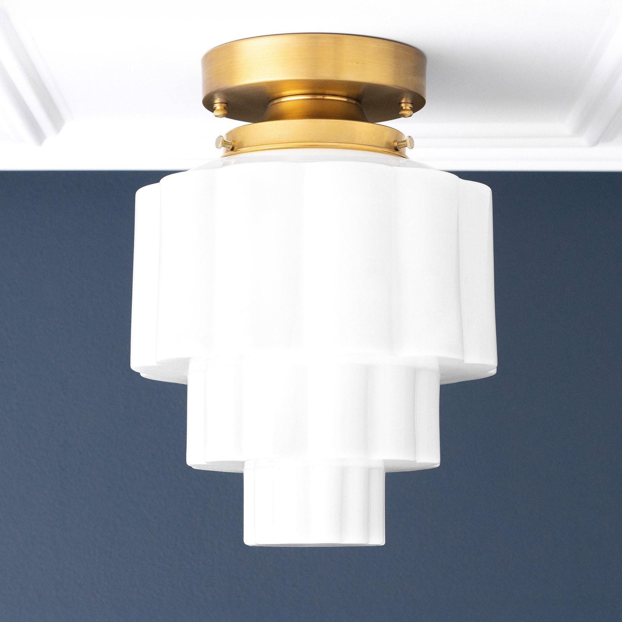 Geotower Glass Brass Ceiling Light – Art Deco Ribbed Globe Flush Mount K1528