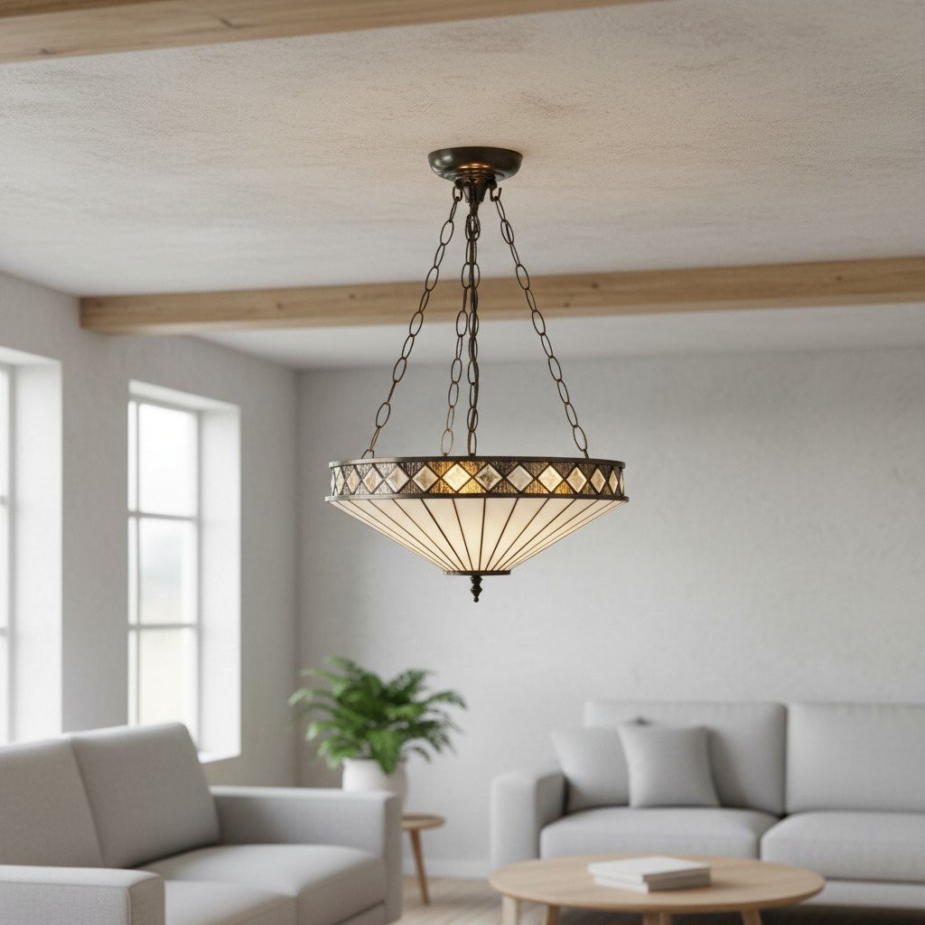 TF Fargo Adjustable Pendant Light with Stained Glass Inspired Inverted Shade for Island and Dining K1950