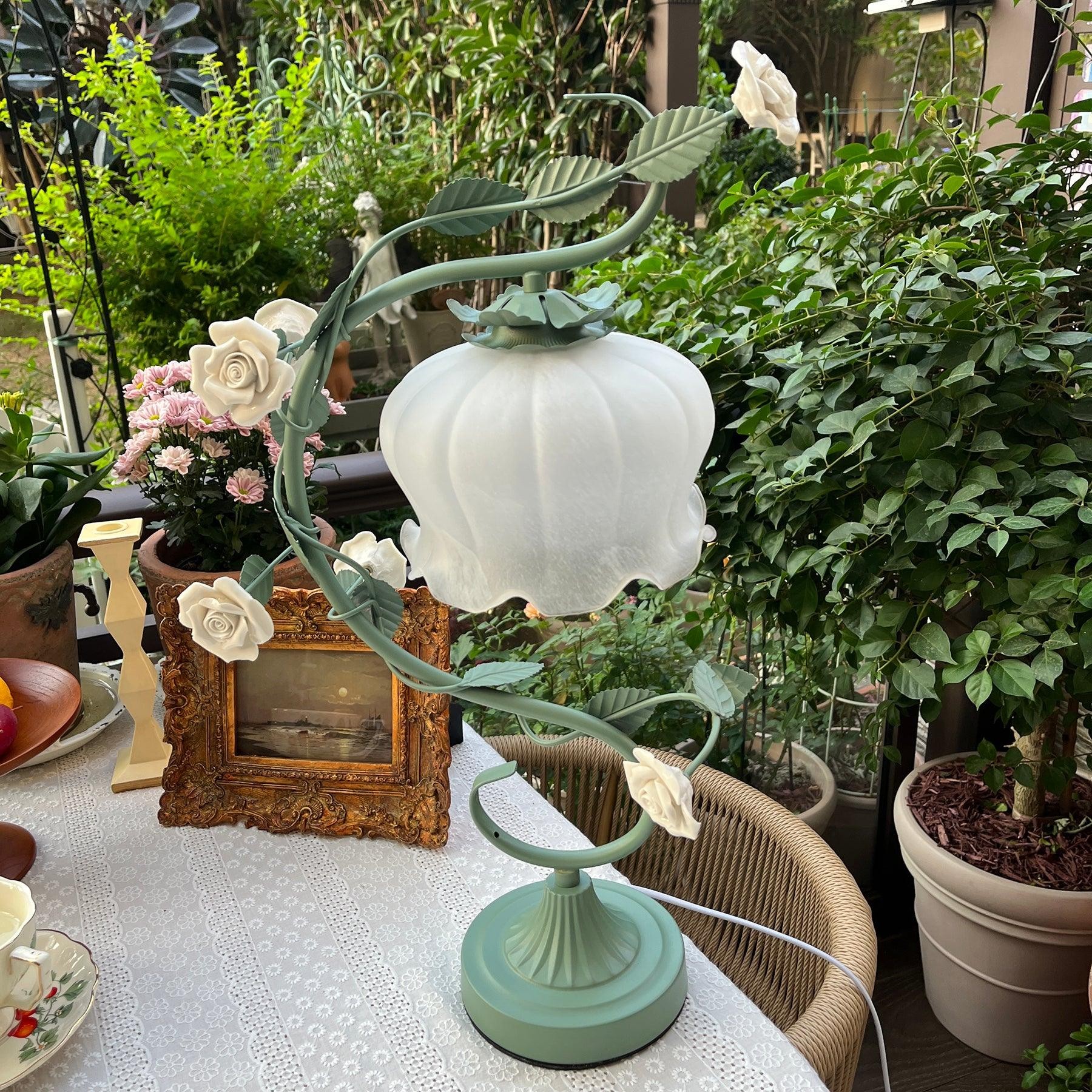 Green Pink White Rose Flower Table Lamp K640