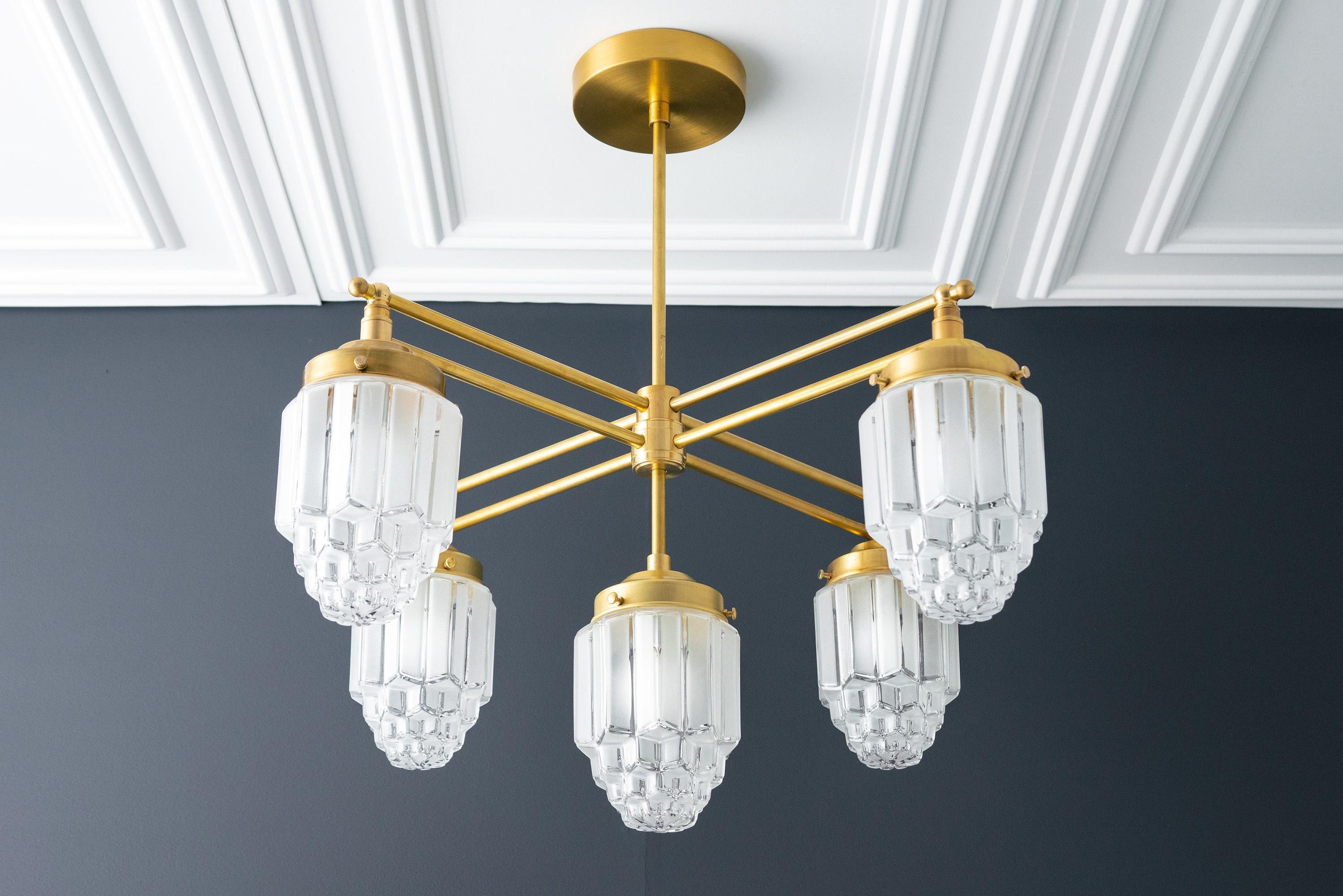 Tierlux Glass Chandelier – Vintage Brass Globe Lighting Fixture K1492