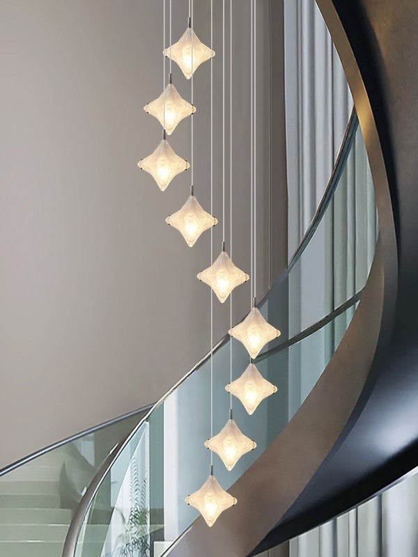 Art Deco Star Staircase Pendant Light - Frosted Glass Hanging Fixture - Astris Altair K1563
