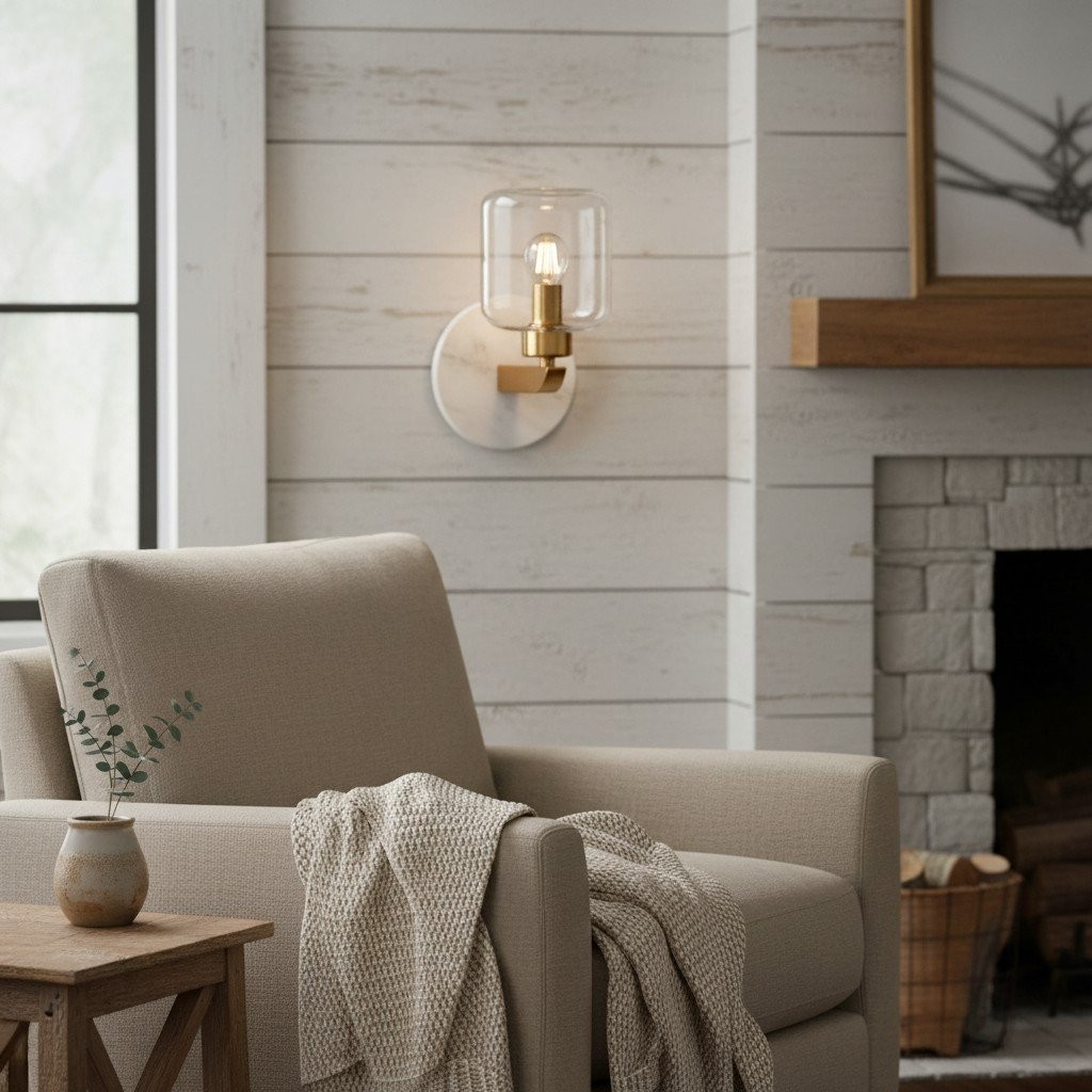 Korlisse Modern Marble Wall Light - Vintage Brass & Clear Glass Accent for Living Room and Hallway K1918