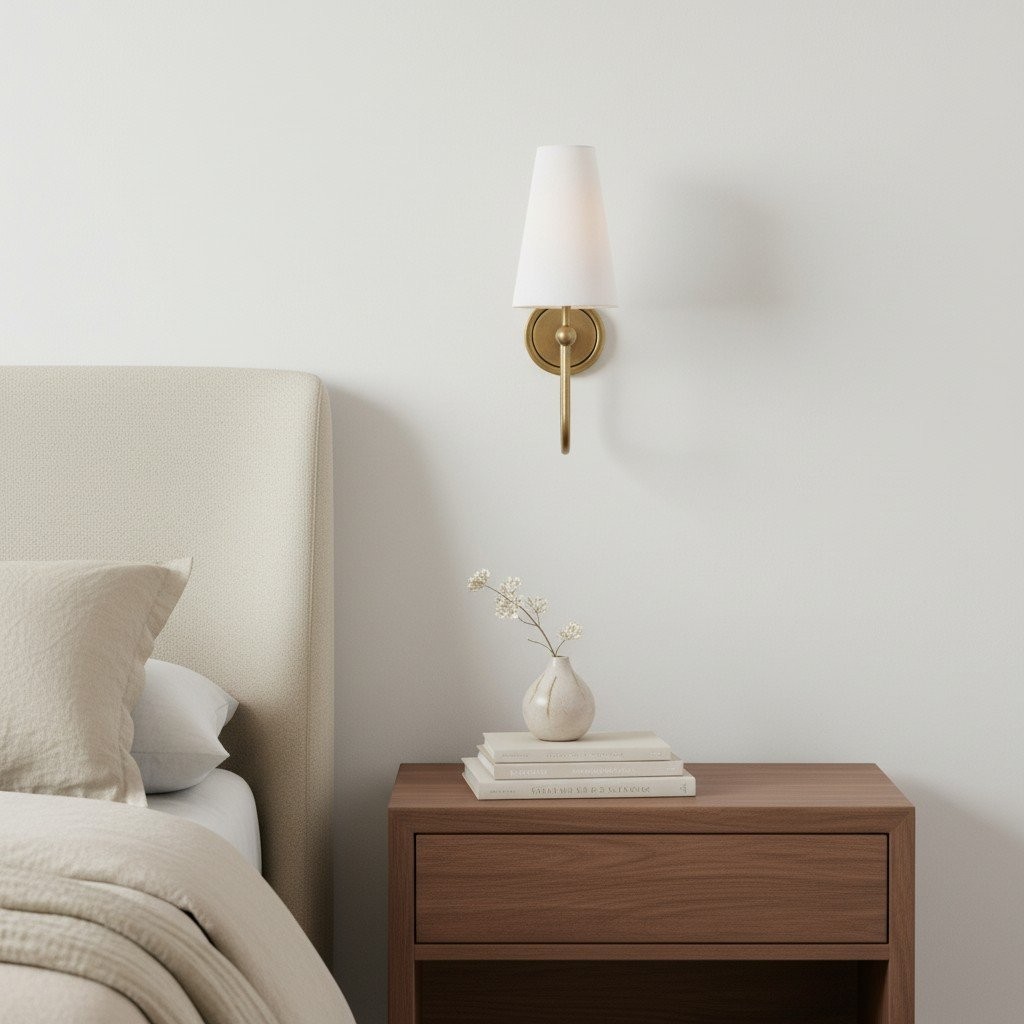 Serena Contemporary Fabric Shade Wall Sconce -  Curved Arm Wall Lamp for Bedroom K1721